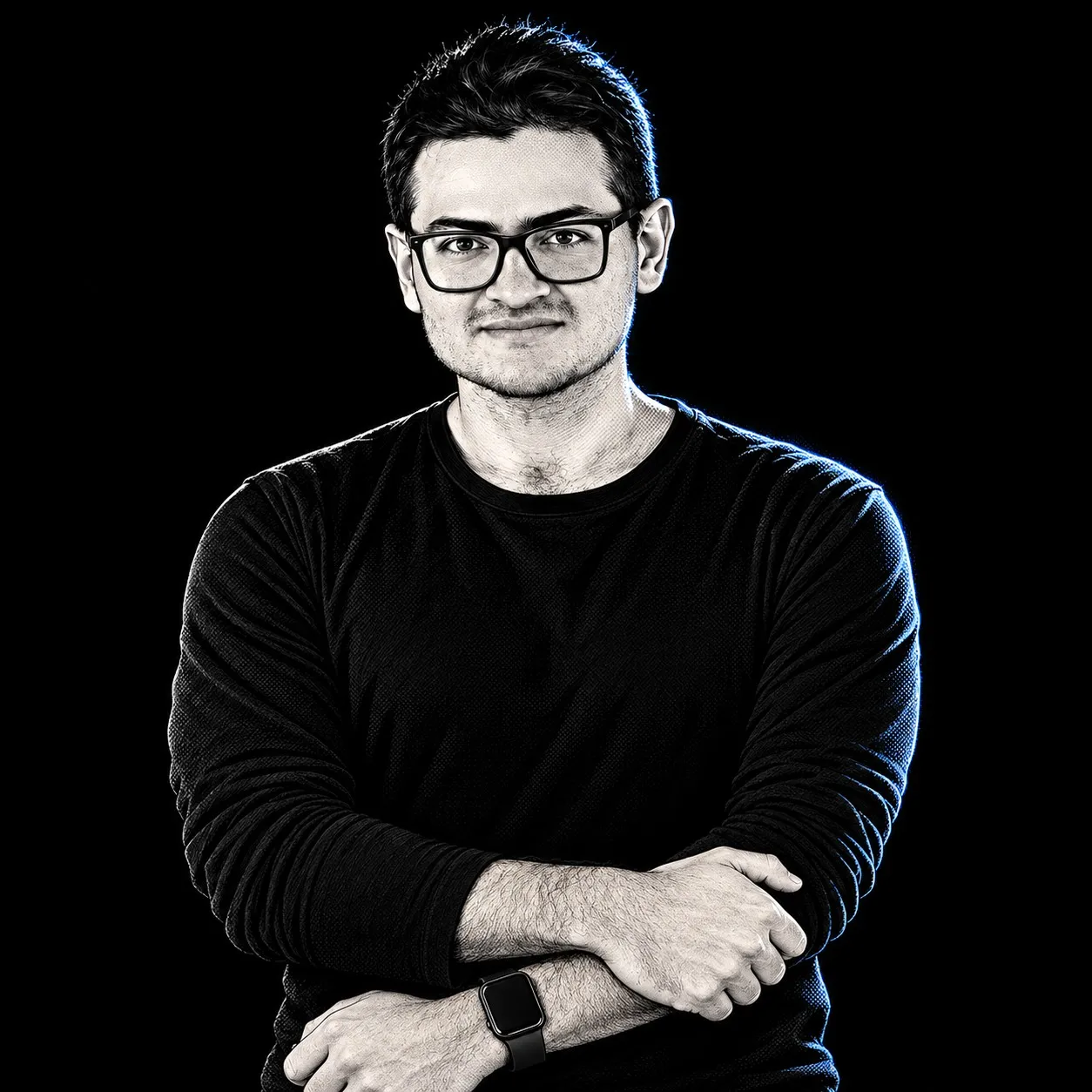Portrait of José Rojas, arms crossed, wearing glasses and a black long-sleeve shirt